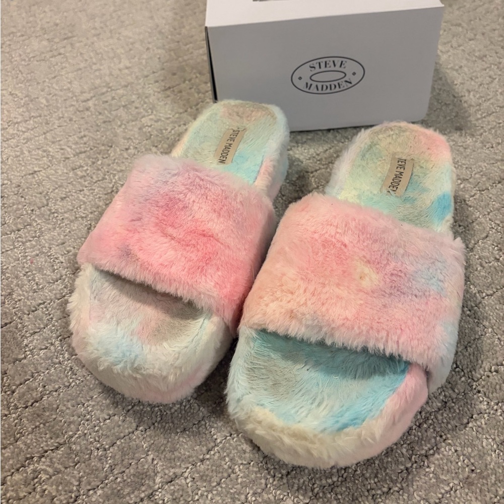 Steve Madden Multicolor Pastel or “Fabfuzz” Faux Fur Slides